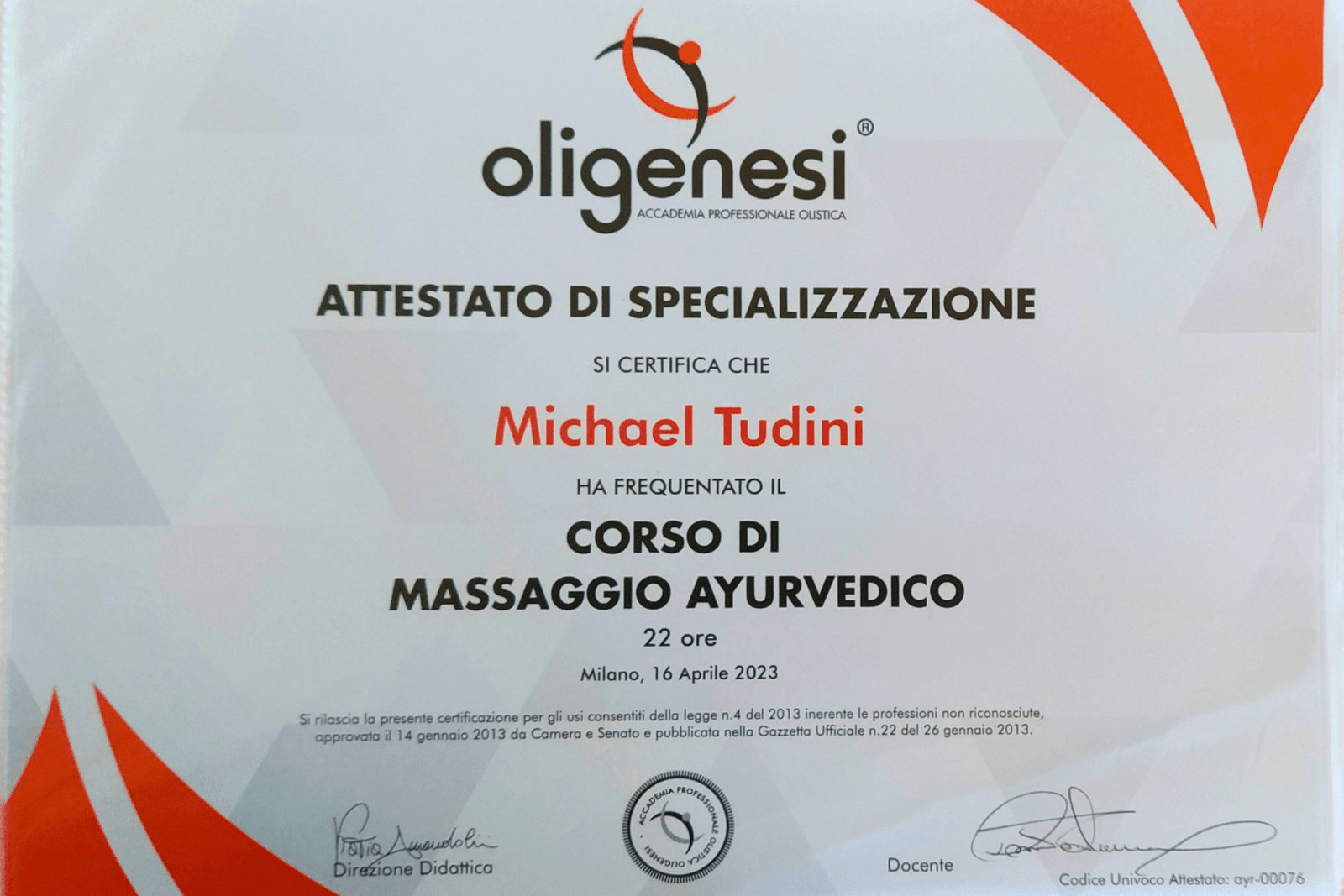 attestato di specializzazione massaggio ayurvedico