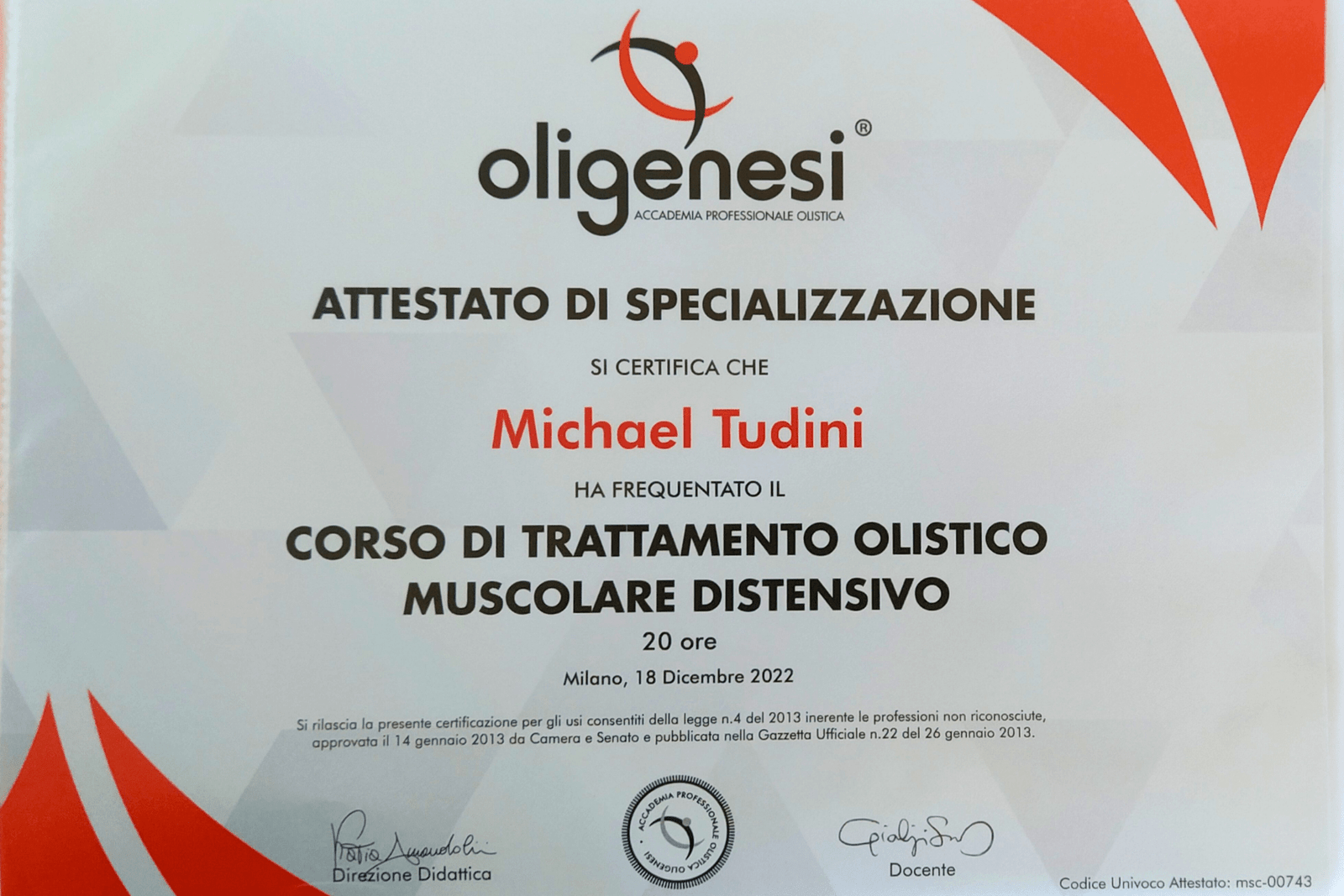 attestato di specializzazione massaggio muscolare distensivo