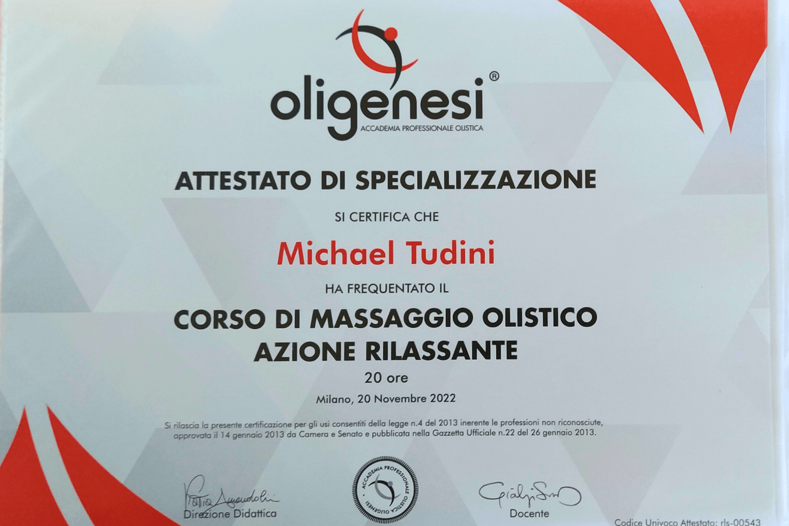 attestato di specializzazione massaggio relax