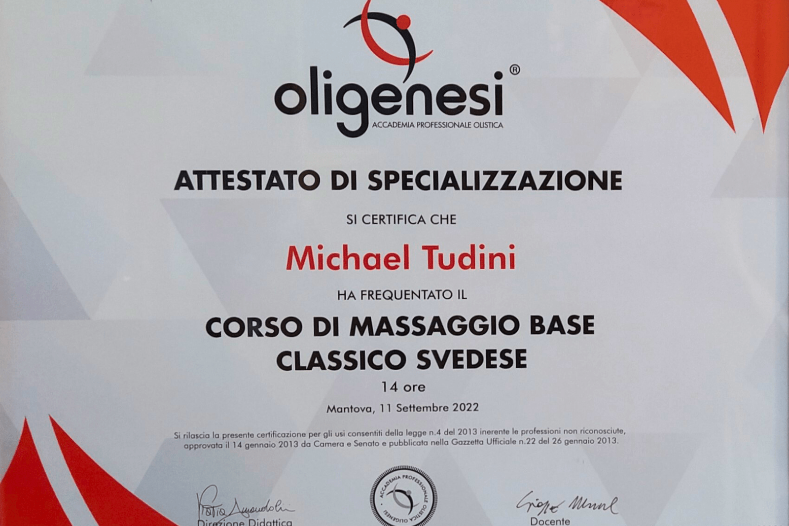 attestato di specializzazione massaggio svedese